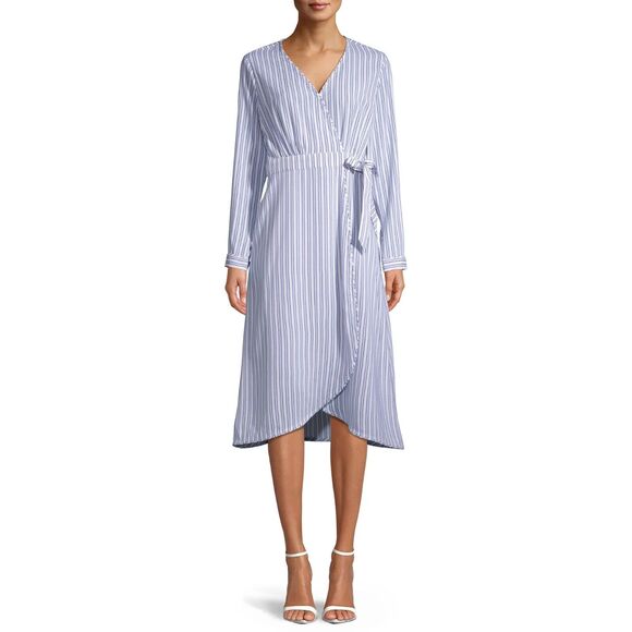 Time And Tru Tie Long Sleeve Wrap Dress Women’s Sz M 8-10 White Striped - Picture 2 of 13